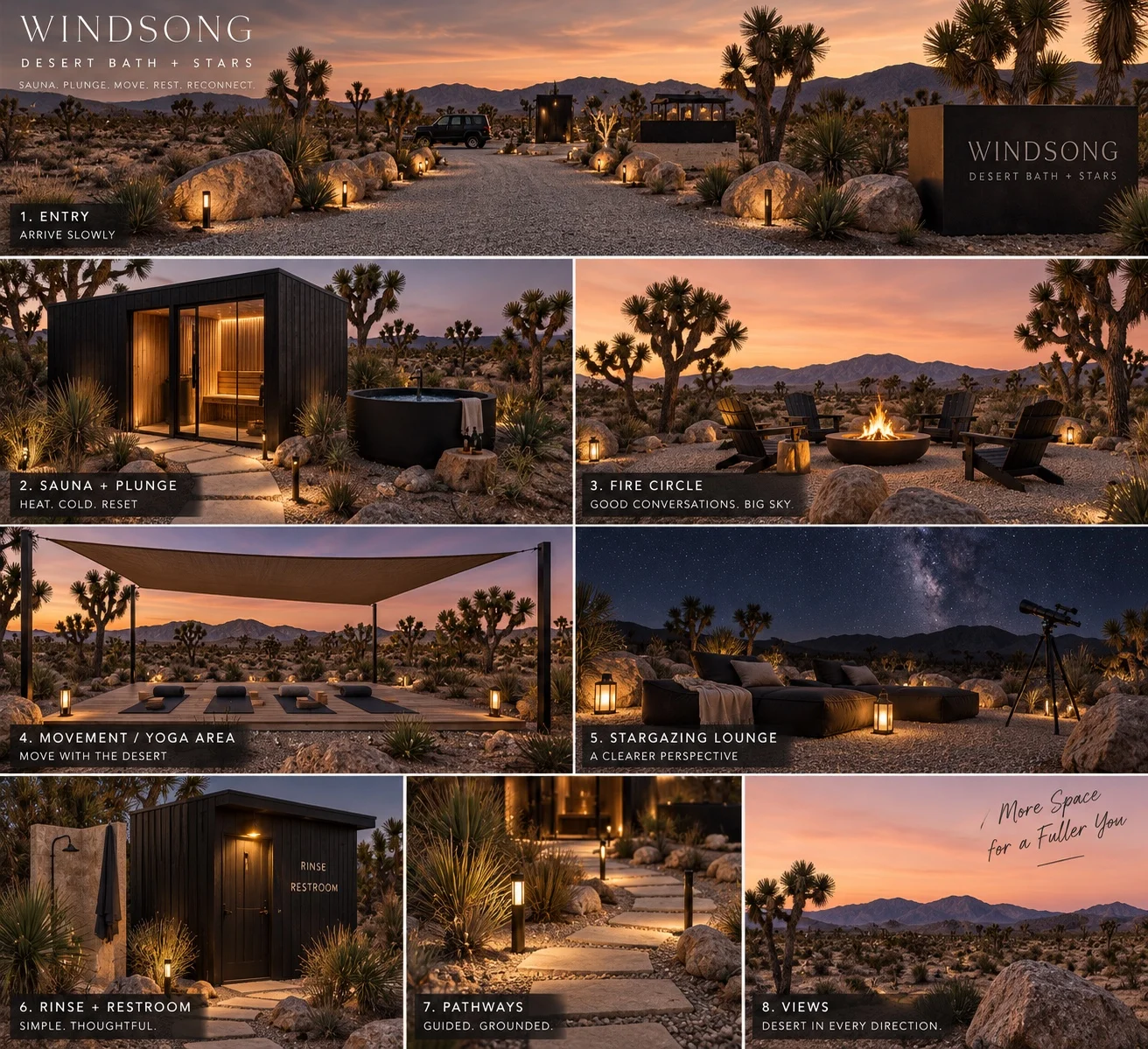 Windsong concept board showing a desert entrance, sauna and plunge, fire circle, yoga area and stargazing lounge at sunset.